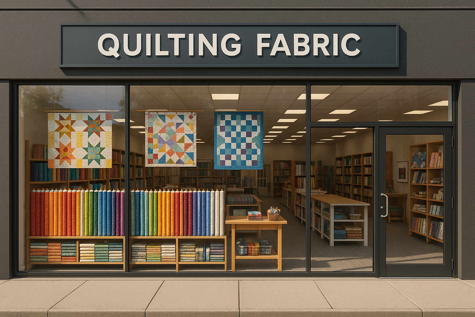 Realistic quilting fabric store with plate glass windows
